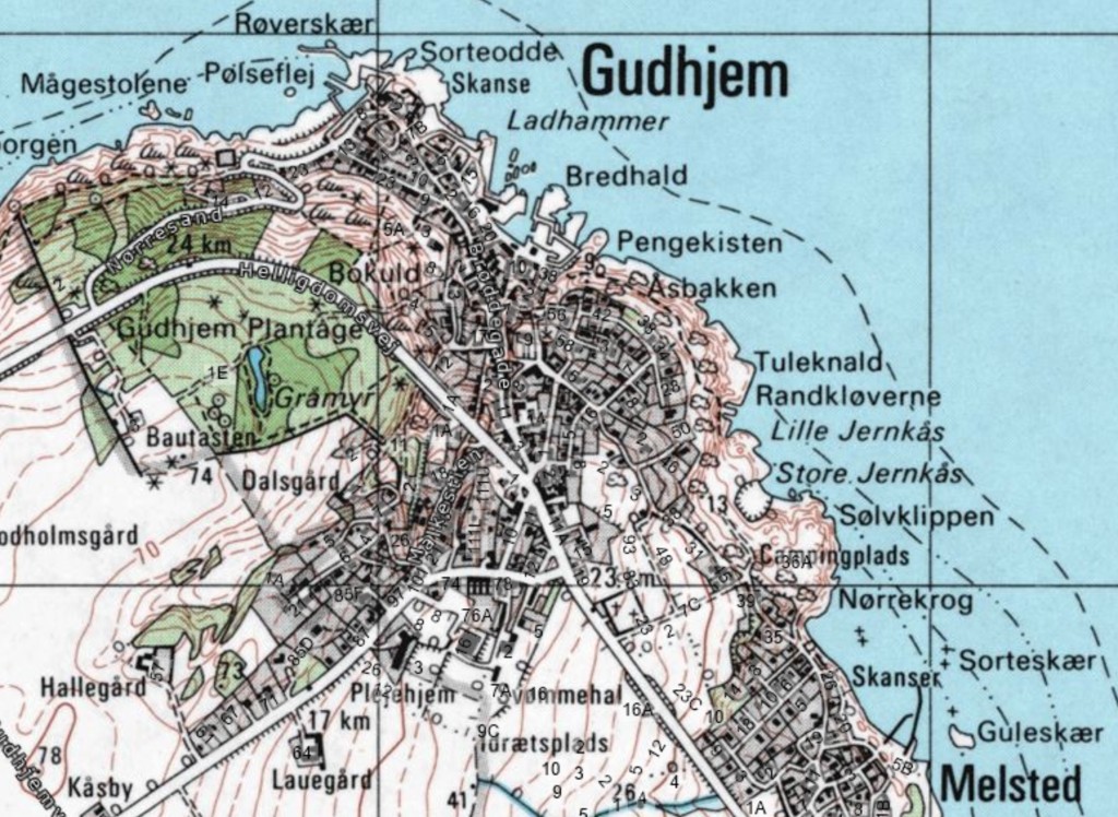 Oversigtskort over badesteder ved Gudhjem og Melsted